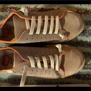 OnFoot supersoft suede slip ons w/elastic  lace.Tan w/Neon Orange accents.